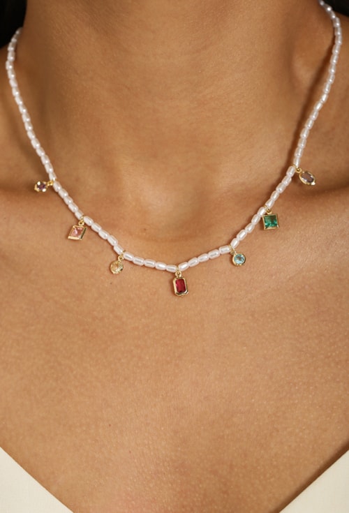 CHOKER DE PÉROLAS ARROZ COM PEDRAS COLORIDAS CH334-O