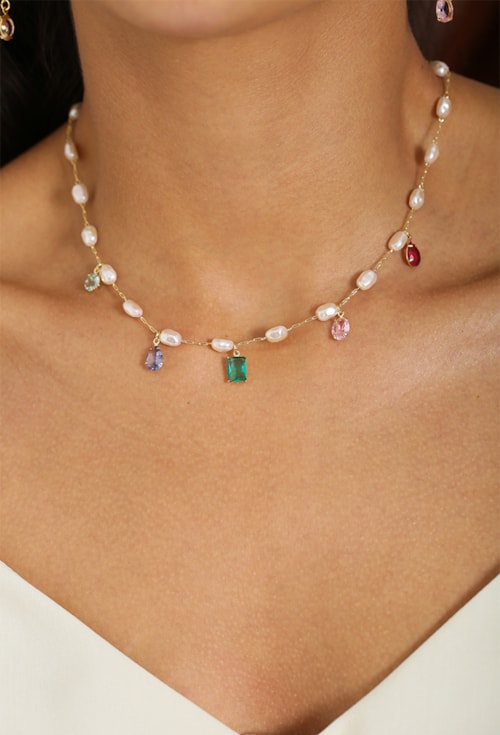 CHOKER DE PÉROLAS COM PEDRAS COLORIDAS CH335-O