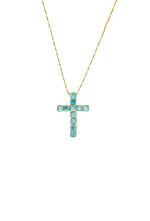 COLAR COM CRUZ M CRAVEJADO AZUL PARAÍBA NO OURO CO732-O COLAR COM CRUZ M CRAVEJADO AZUL PARAÍBA NO OURO CO732-O