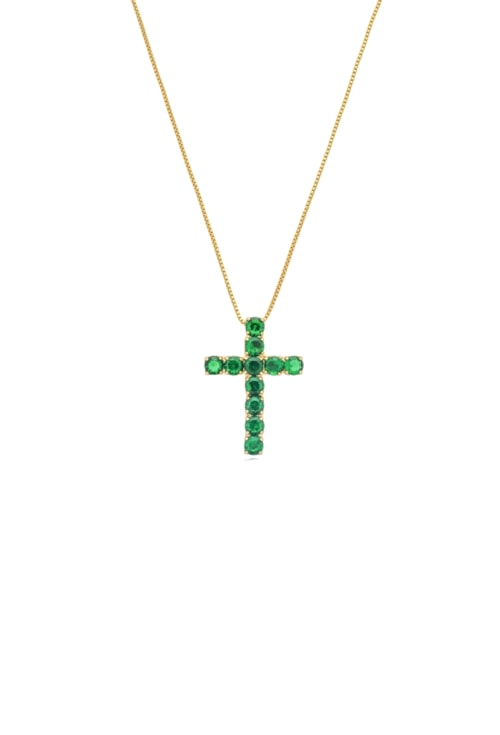 COLAR COM CRUZ M CRAVEJADO ESMERALDA NO OURO CO732-O COLAR COM CRUZ M CRAVEJADO ESMERALDA NO OURO CO732-O