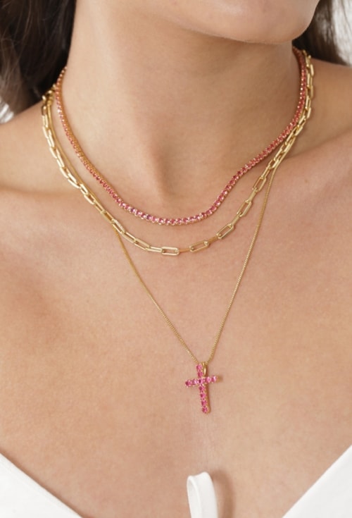 COLAR COM CRUZ P CRAVEJADO RUBELITA NO OURO CO733-O