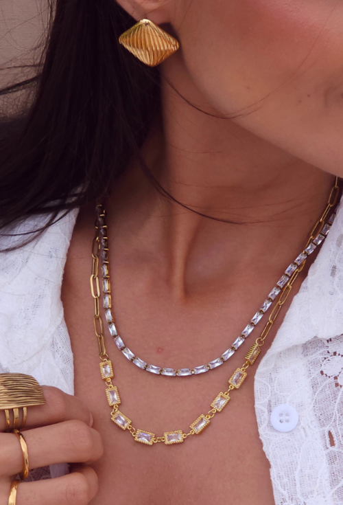 COLAR COM ELOS E PEDRAS BAGUETE CRISTAL EM AÇO INOX DOURADO CO810-AD COLAR COM ELOS E PEDRAS BAGUETE CRISTAL EM AÇO INOX DOURADO CO810-AD