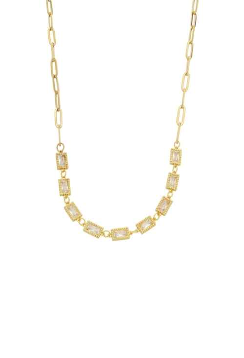 COLAR COM ELOS E PEDRAS BAGUETE CRISTAL EM AÇO INOX DOURADO CO810-AD COLAR COM ELOS E PEDRAS BAGUETE CRISTAL EM AÇO INOX DOURADO CO810-AD