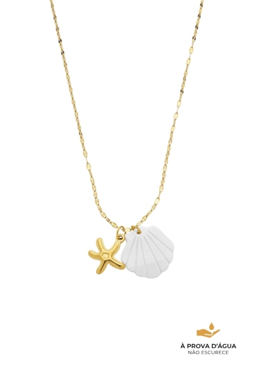 COLAR COM PINGENTES DE ESTRELA DO MAR E CONCHA BRANCA CO806-AD