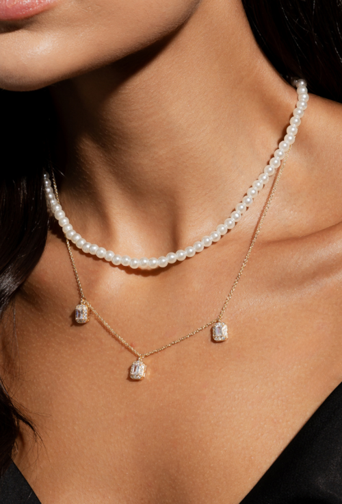 COLAR COM PINGENTES RETANGULARES CRAVEJADOS COM ZIRCÔNIA CRISTAL BANHADO A OURO 18K CO910-O