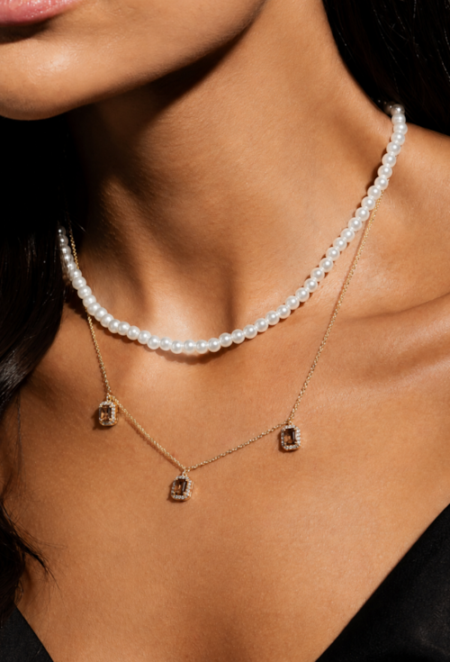 COLAR COM PINGENTES RETANGULARES CRAVEJADOS MARROM BANHADO A OURO 18K CO910-O