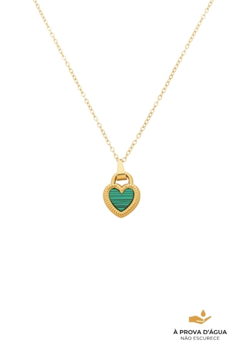 COLAR CORAÇÃO ESMALTADO MALAQUITA EM AÇO INOX DOURADO CO835-AD