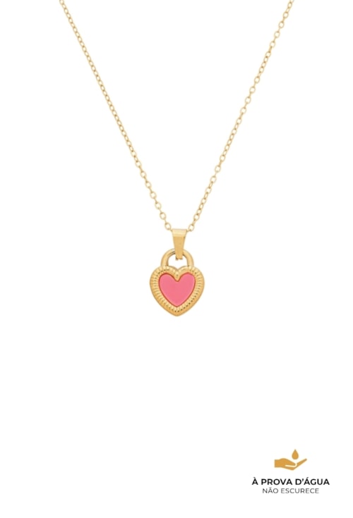 COLAR CORAÇÃO ESMALTADO PINK EM AÇO INOX DOURADO CO835-AD