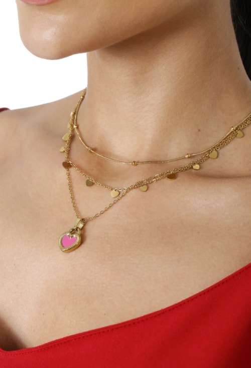 COLAR CORAÇÃO ESMALTADO PINK EM AÇO INOX DOURADO CO835-AD