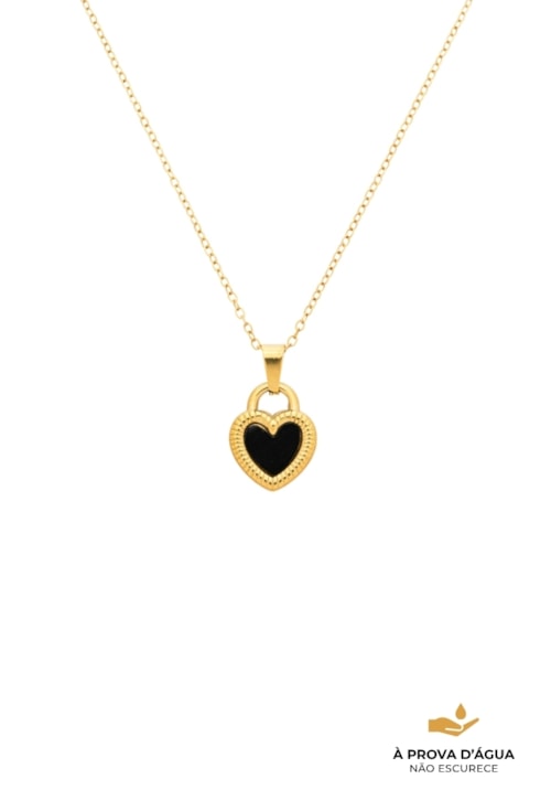 COLAR CORAÇÃO ESMALTADO PRETO EM AÇO INOX DOURADO CO835-AD