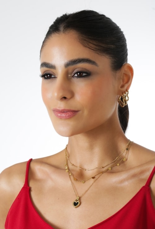 COLAR CORAÇÃO ESMALTADO PRETO EM AÇO INOX DOURADO CO835-AD