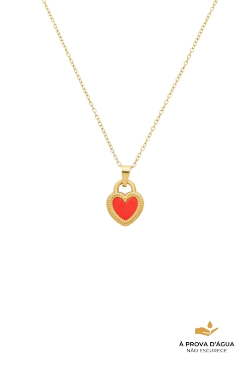 COLAR CORAÇÃO ESMALTADO VERMELHO EM AÇO INOX DOURADO CO835-AD