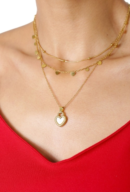 COLAR CORAÇÃO MADREPÉROLA EM AÇO INOX DOURADO CO835-AD