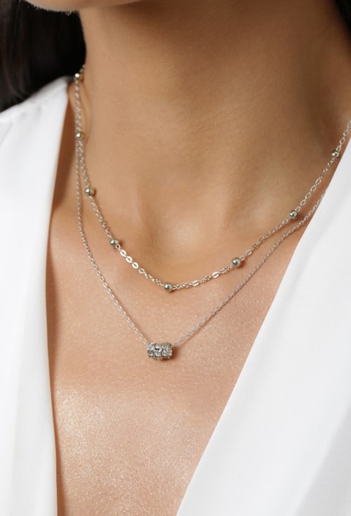 COLAR CORRENTE MINI INSPIRAÇÃO COM PINGENTE TRIPLO CRAVEJADO BANHADO RÓDIO CO856-R