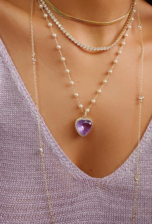 COLAR DE CORAÇÃO COM PEDRA FUSION ULTRA VIOLET E PÉROLA CO482-O