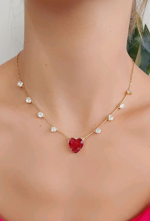 COLAR DE CORAÇÃO RUBELITA E ZIRCÔNIAS CRISTAL CO501-O