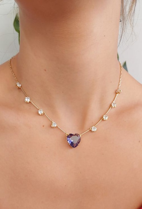 COLAR DE CORAÇÃO TANZANITA E ZIRCÔNIAS CRISTAL CO501-O