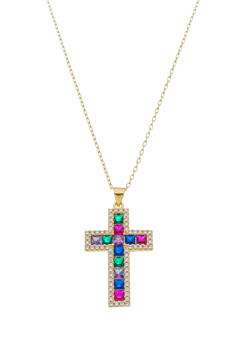 COLAR DE CRUZ CRAVEJADA COM PEDRAS COLORIDAS CO517-O