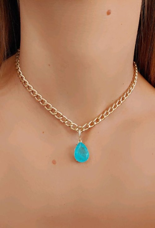 COLAR DE ELOS COM GOTA AZUL TOPÁZIO FUSION CH213-O