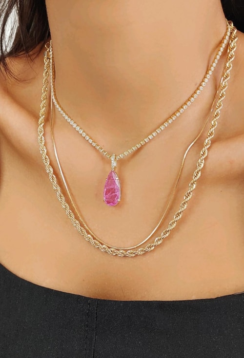 COLAR DE PEDRA FUSION GOTA FÚCSIA CO483-O