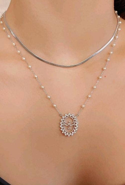 COLAR DE PÉROLAS COM ESPÍRITO SANTO CRAVEJADO CO516-R