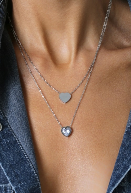 COLAR DUPLO COM CORAÇÃO LISO E CORAÇÃO COM PEDRA AÇO INOX CO857-A