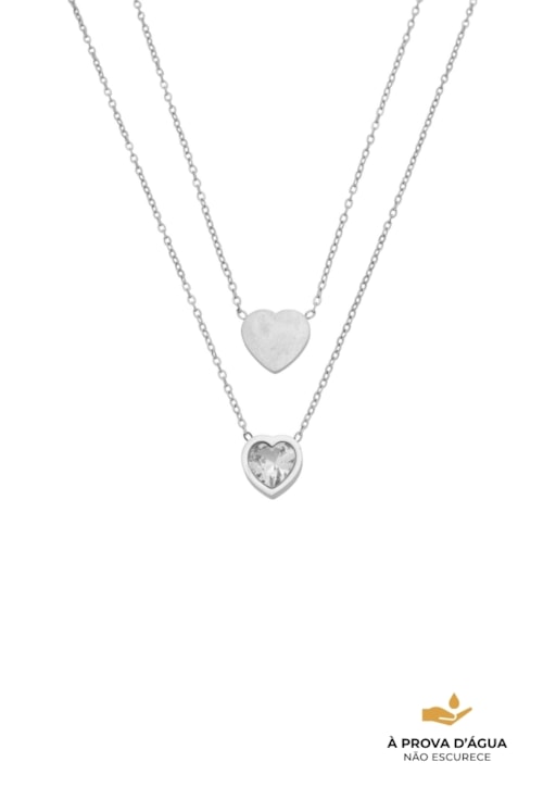 COLAR DUPLO COM CORAÇÃO LISO E CORAÇÃO COM PEDRA AÇO INOX CO857-A
