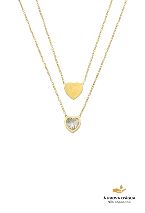 COLAR DUPLO COM CORAÇÃO LISO E CORAÇÃO COM PEDRA AÇO INOX DOURADO CO857-AD