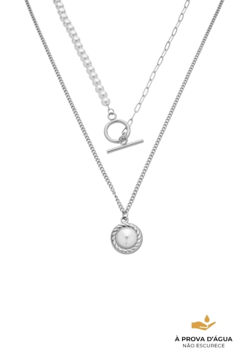 COLAR DUPLO COM PÉROLA E FECHO T AÇO INOX CO804-A