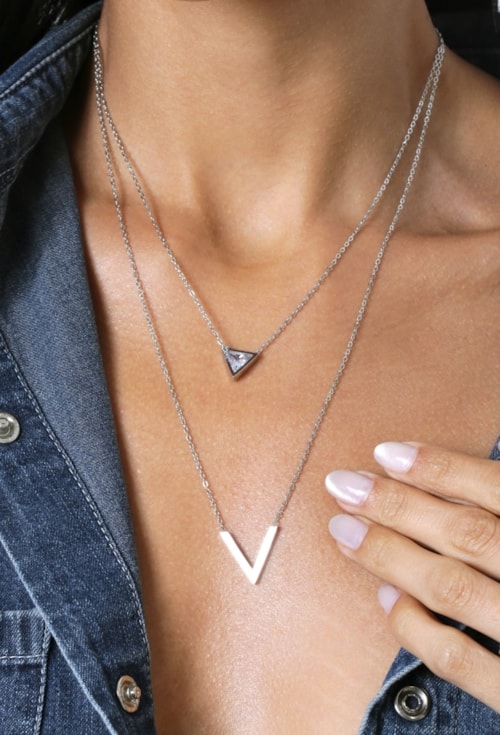 COLAR DUPLO COM TRIÂNGULO E PEDRA AÇO INOX CO859-A