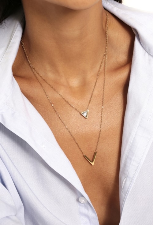 COLAR DUPLO COM TRIÂNGULO E PEDRA AÇO INOX CO859-AD