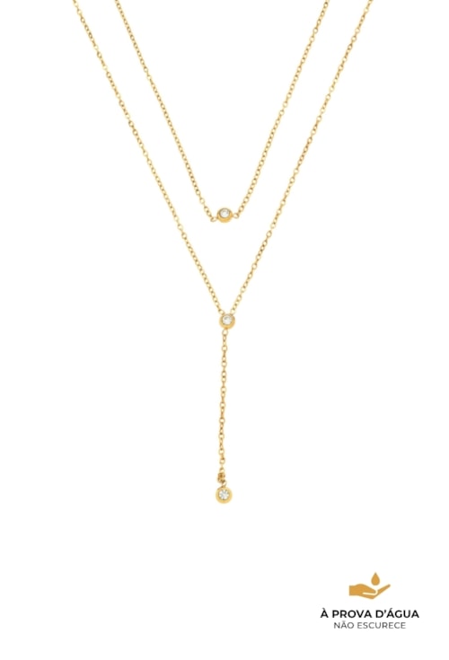 COLAR DUPLO GRAVATINHA COM PONTO DE LUZ EM AÇO INOX DOURADO CO836-AD