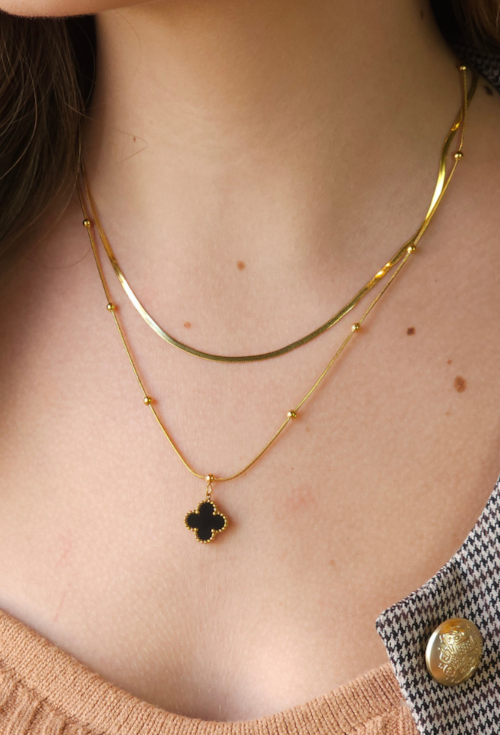 COLAR DUPLO INSPIRAÇÃO TREVO ÔNIX INOX DOURADO CO764-AD COLAR DUPLO INSPIRAÇÃO TREVO ÔNIX INOX DOURADO CO764-AD