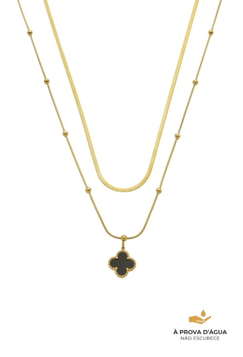 COLAR DUPLO INSPIRAÇÃO TREVO ÔNIX INOX DOURADO CO764-AD