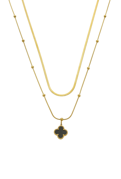 COLAR DUPLO INSPIRAÇÃO TREVO ÔNIX INOX DOURADO CO764-O