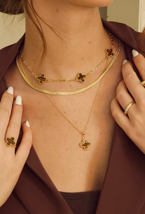 COLAR INSPIRAÇÃO COM TREVO ESMALTADO OLHO DE TIGRE CO665-O COLAR INSPIRAÇÃO COM TREVO ESMALTADO OLHO DE TIGRE CO665-O