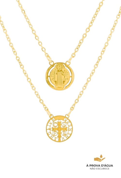 COLAR MASCULINO DUPLO COM MEDALHAS EM AÇO INOX DOURADO CO672-AD