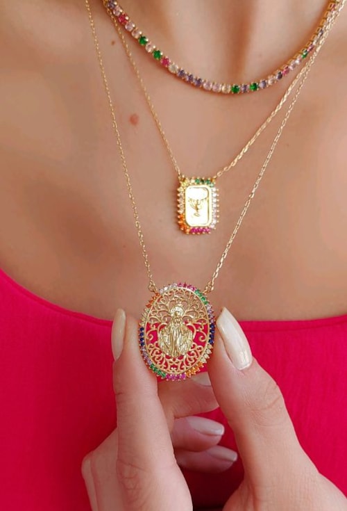 COLAR NOSSA SENHORA DAS GRAÇAS CRAVEJADO COLORIDO CO515-O