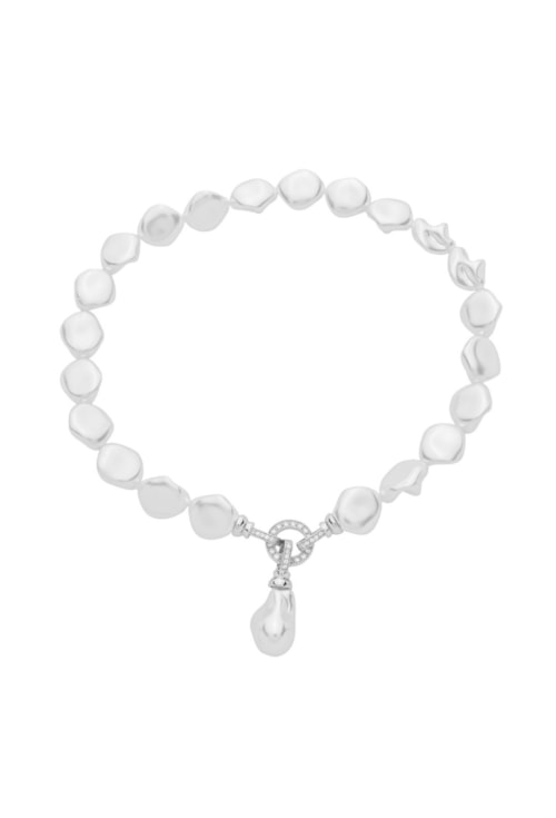 COLAR PÉROLA COM FECHO E PINGENTE CRAVEJADO BANHADO RÓDIO CO871-R