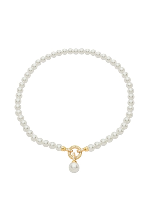 COLAR PÉROLA REDONDA COM PINGENTE CRAVEJADO BANHADO OURO CO870-O