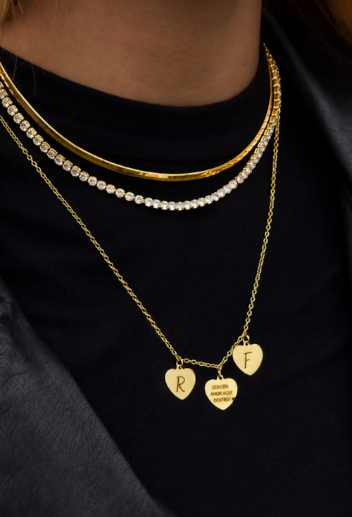 COLAR PERSONALIZÁVEL COM CORAÇÕES E FRASE FIXA OURO PP119-O