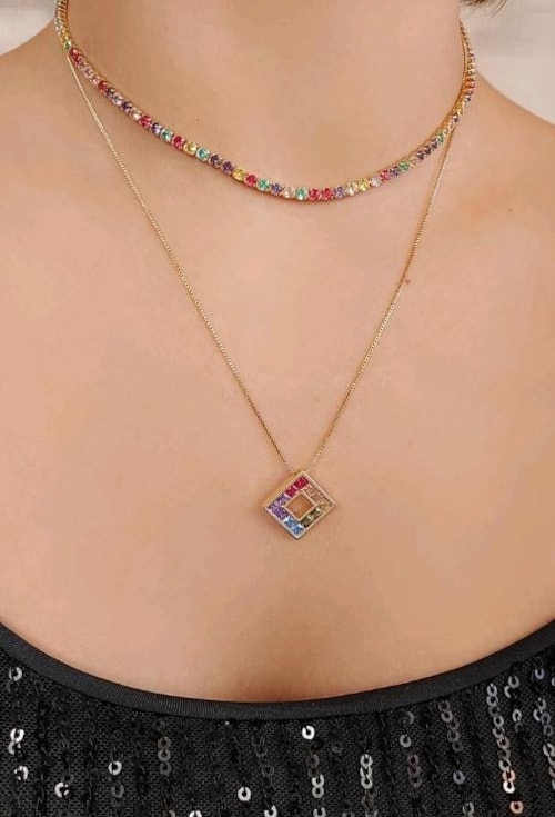 COLAR QUADRADO COM ZIRCÔNIAS COLORIDAS CO530-O