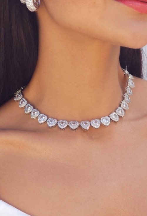 COLAR RIVIERA CORAÇÃO CRAVEJADA BANHO RÓDIO 38CM CO841-R