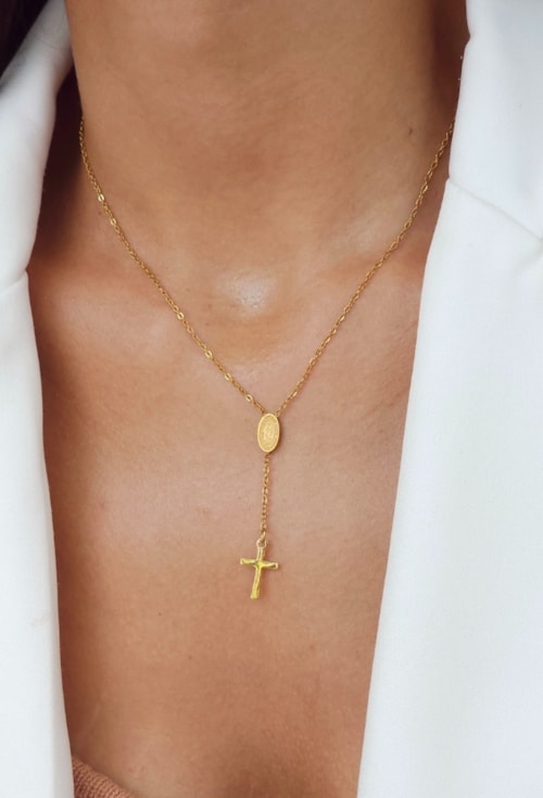 COLAR TERÇO NOSSA SENHORA COM CORRENTE RABO DE RATO AÇO INOX DOURADO CO845-AD