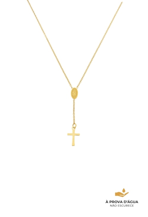 COLAR TERÇO NOSSA SENHORA COM CORRENTE RABO DE RATO AÇO INOX DOURADO CO845-AD