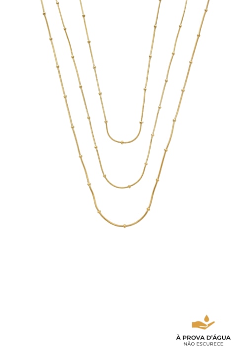 COLAR TRIPLO ELOS COM BOLINHAS AÇO INOX DOURADO CO867-AD