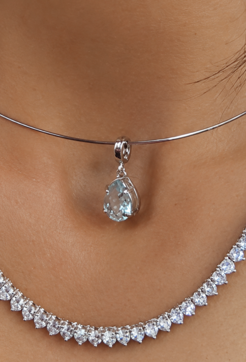 CONJUNTO BRINCO E PINGENTE GOTA AZUL PARAÍBA RÓDIO CJ230-R