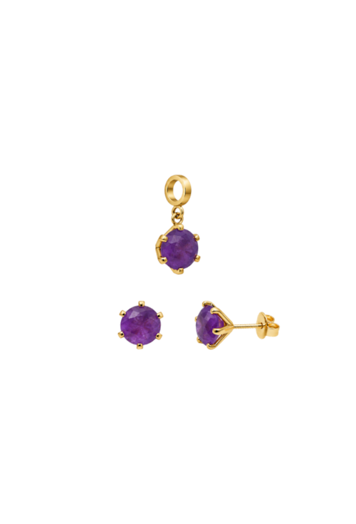 CONJUNTO BRINCO E PINGENTE REDONDO AMETISTA FUSION BANHADO A OURO CJ227-O