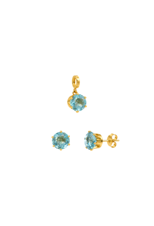 CONJUNTO BRINCO E PINGENTE REDONDO AZUL PARAÍBA BANHADO A OURO CJ223-O
