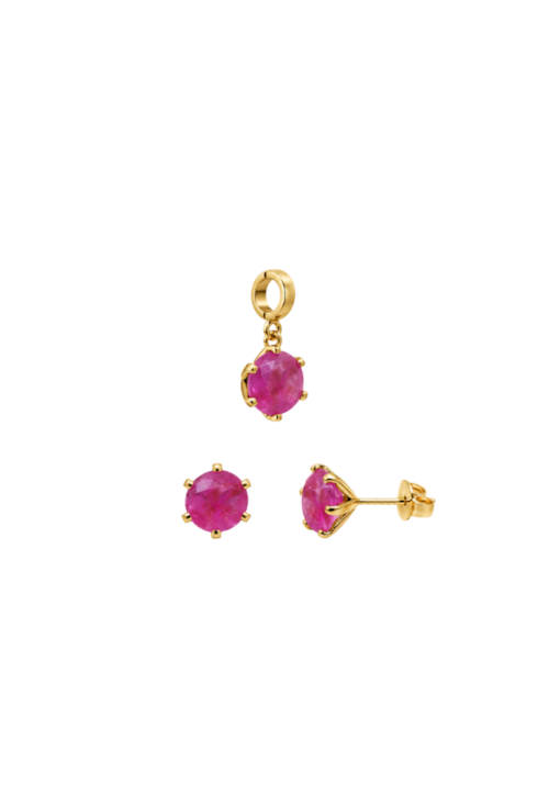 CONJUNTO BRINCO E PINGENTE REDONDO FÚCSIA FUSION BANHADO A OURO CJ227-O